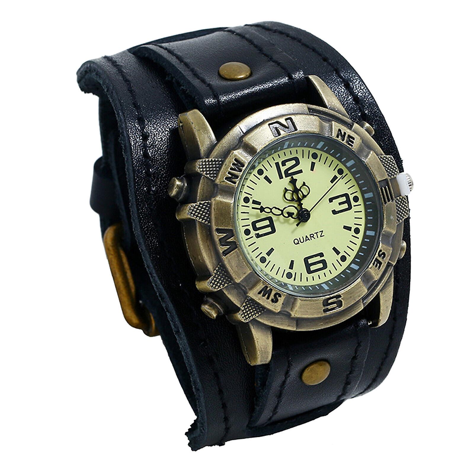 Steampunk Retro Äkta Läder Gotisk Tungt Bredt Armband Armbandsur Gåva