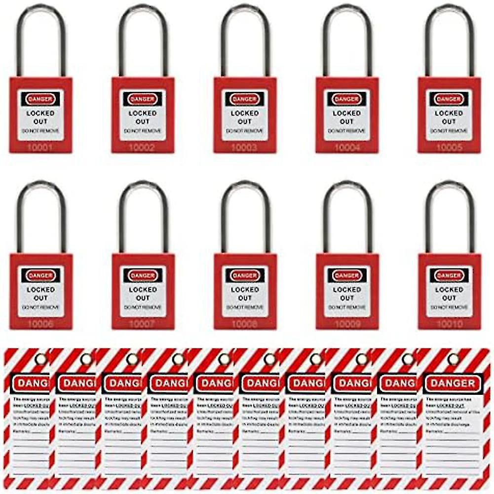 10 Red Lockout Tagout Locks with 10 Lock Out Tag Out Tags, Keyed Different,Compliant Safety Locks(Red,Keyed Different)
