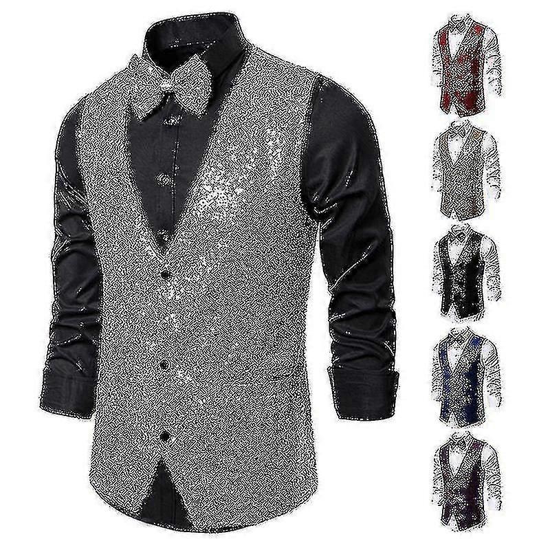 Ανδρικό Γυαλιστερό Γιλέκο με Πούλιες, Κοστούμι με λαιμόκοψη V Γιλέκο