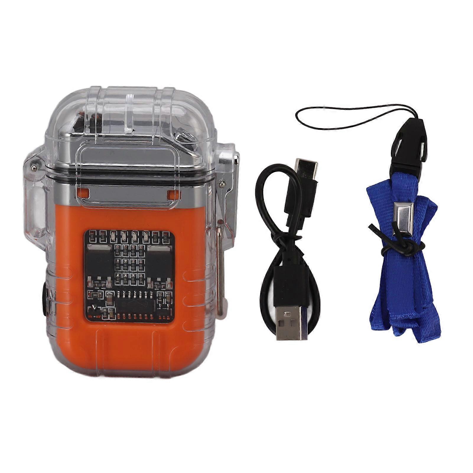 Isqueiro elétrico de arco duplo transparente selado impermeável isqueiro à prova de vento com Power Display laranja