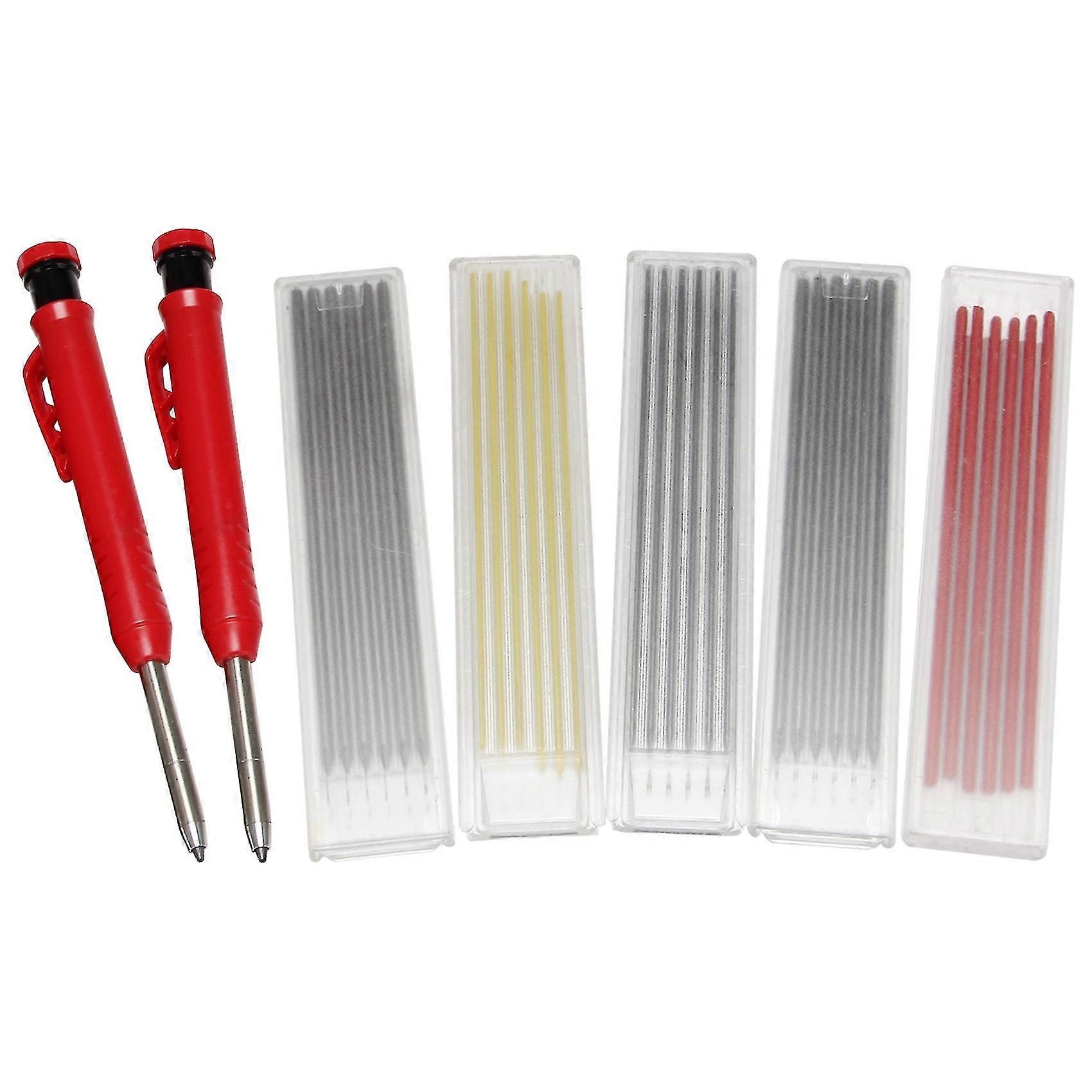 2 Pcs Solid Carpenter Pencil For Construction With 31 Refill Leads Built-in Sharpener, Long Nosed Me