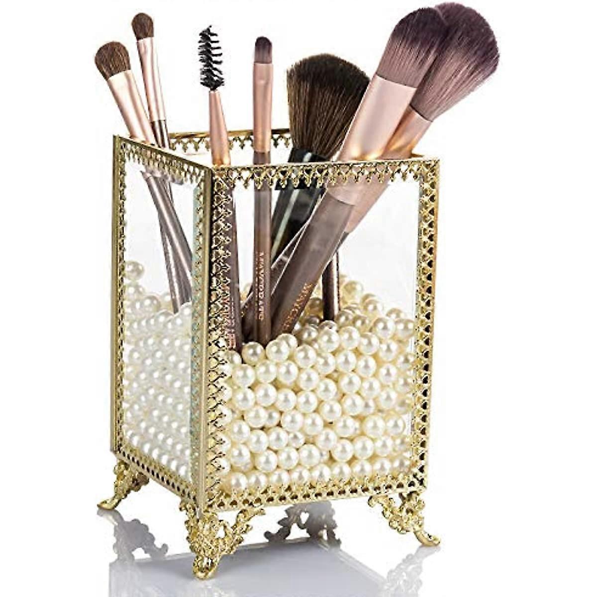 DAWOO Metallrahmen Make-up Pinsel Halter Make-up Pinsel Organizer mit 8mm weißen Perlen Gold Glas Make-up Organizer Make Up Organizator für Badezimmer