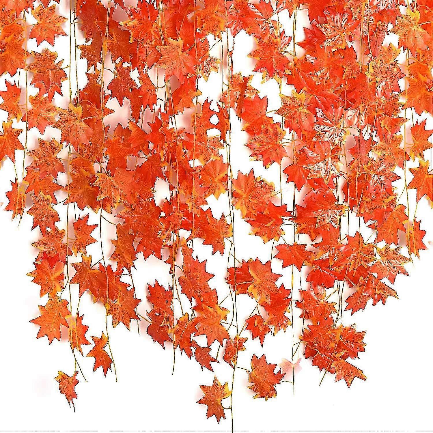 12 Pack 90ft/27.5m Fall Artificial Maple Leaves, Fake Hanging Plant Thanksgiving Decorations, Foliage Leaf Garland Vine For Home Wall Wedding Party Ta