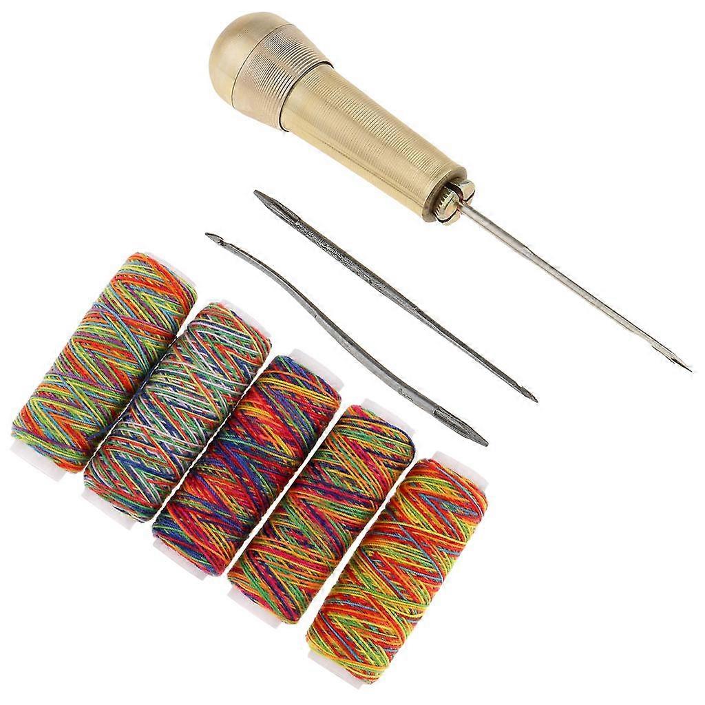 3 Needles Copper Handle Awl Stitcher Repairing Tools & Sewing Threads Spool