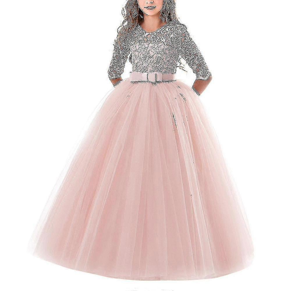 FEESHOW Girls Flower Girl Dress - Lace Up Back Tea-Length Pageant Party Dress (Beige, Sizes 2-14)