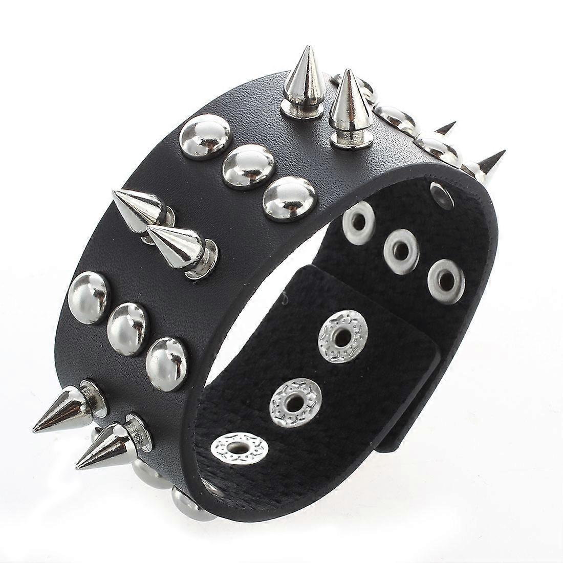 Metal leather men bracelet with Studded Black