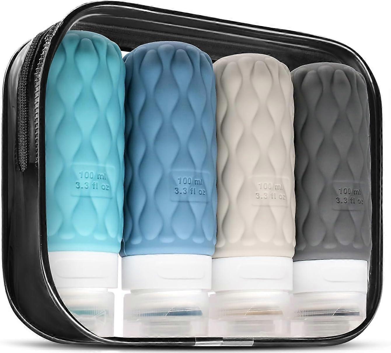4 Pack Travel Bottles for Toiletries with Labels, 100 ml Silicone Travel Bottles Set with Clear Zipper Toiletry Bag Blue/Deep Blue/Grey/Deep Grey