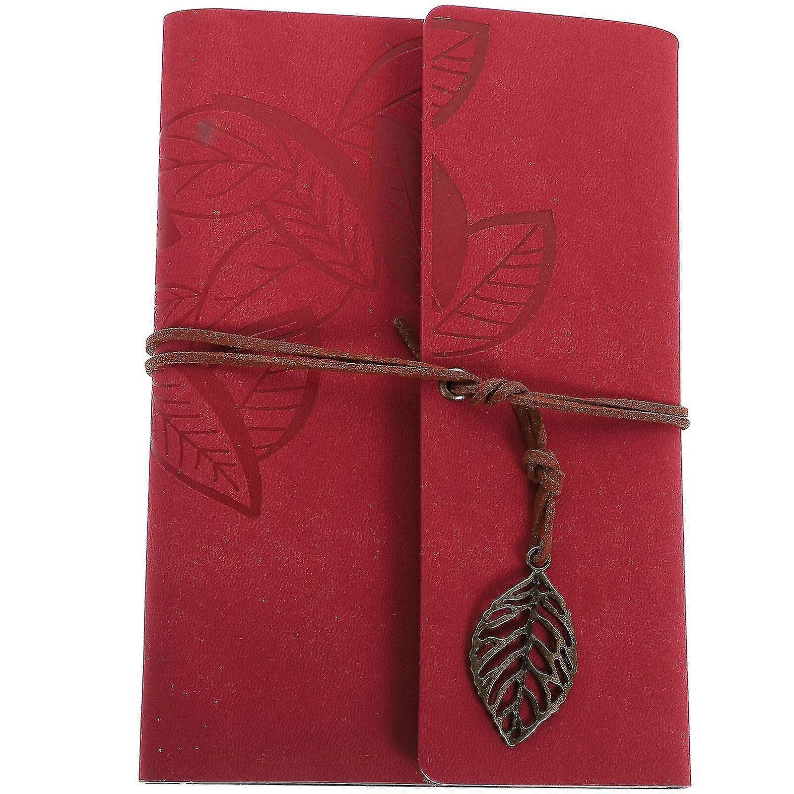 Vintage Style Leaf Leaves Pattern Pu Cover - Loose-leaf String Bound Blank Notebook Notepad Travel Journal Diary Jotter - Size L (Red)