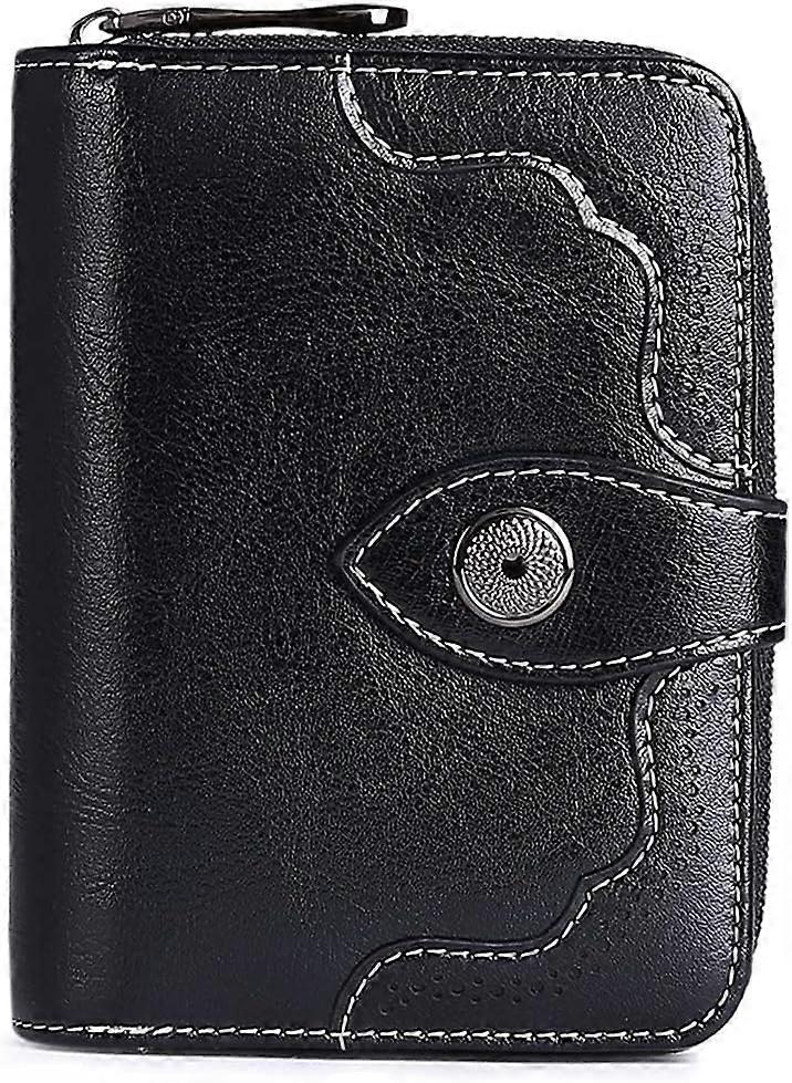 Black women's wallet, small leather bi-fold wallet with RFID protection and zipped coin pocket