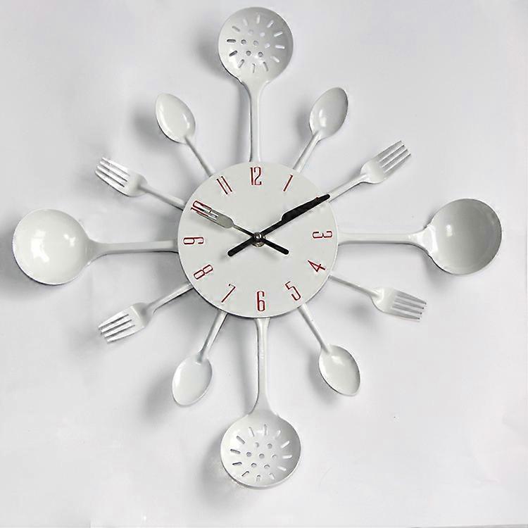 (White)Mirror Effect Kitchen Clock with Spoon, Fork and Removable 3D Sticker for Home Decoration