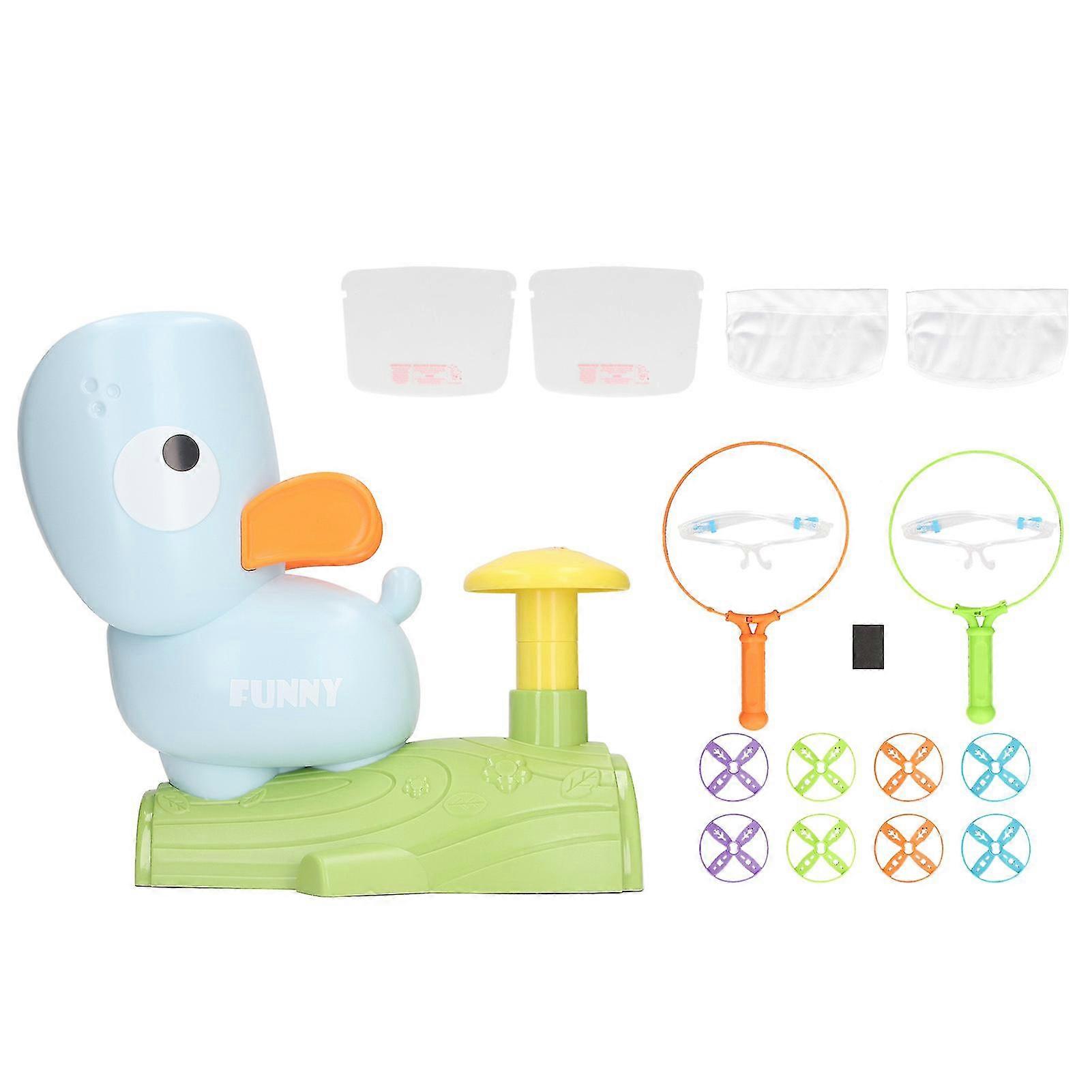 Blue Kids Flying Disc Launcher Toy Set with Pedal Catch Net and Eye Protection Glasses