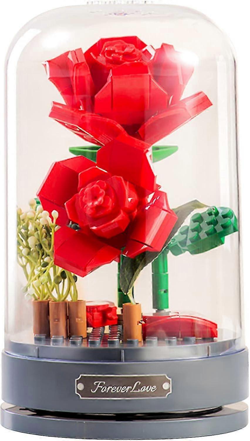 Building Blocks Flowers Bouquet Set With Music Box And Dust-proof Dome,simulation Artificial Particle Flower Collection Construction Building Bricks T