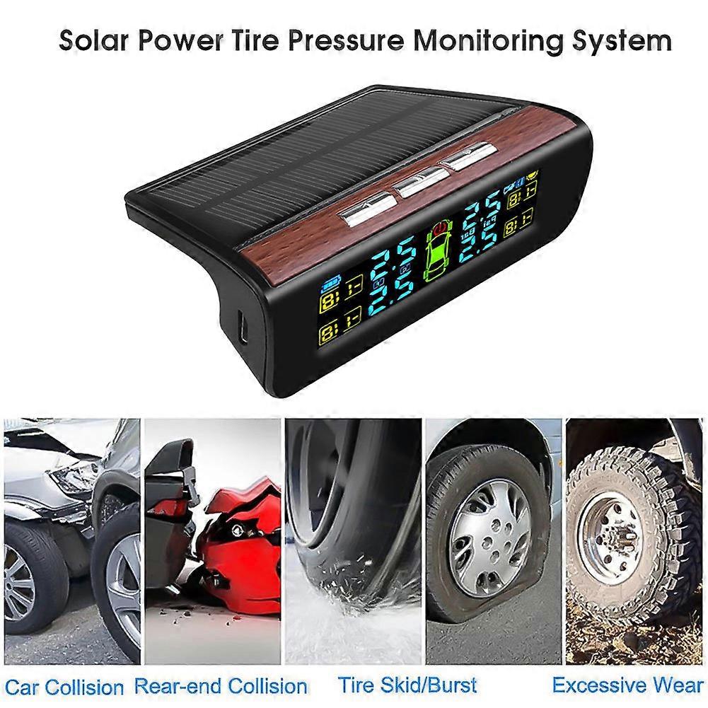 Car Tire Pressure Monitoring System Wood Grain Solar Wireless 4 Sensors LCD Display Built-in TPMS External Temperature Detector
