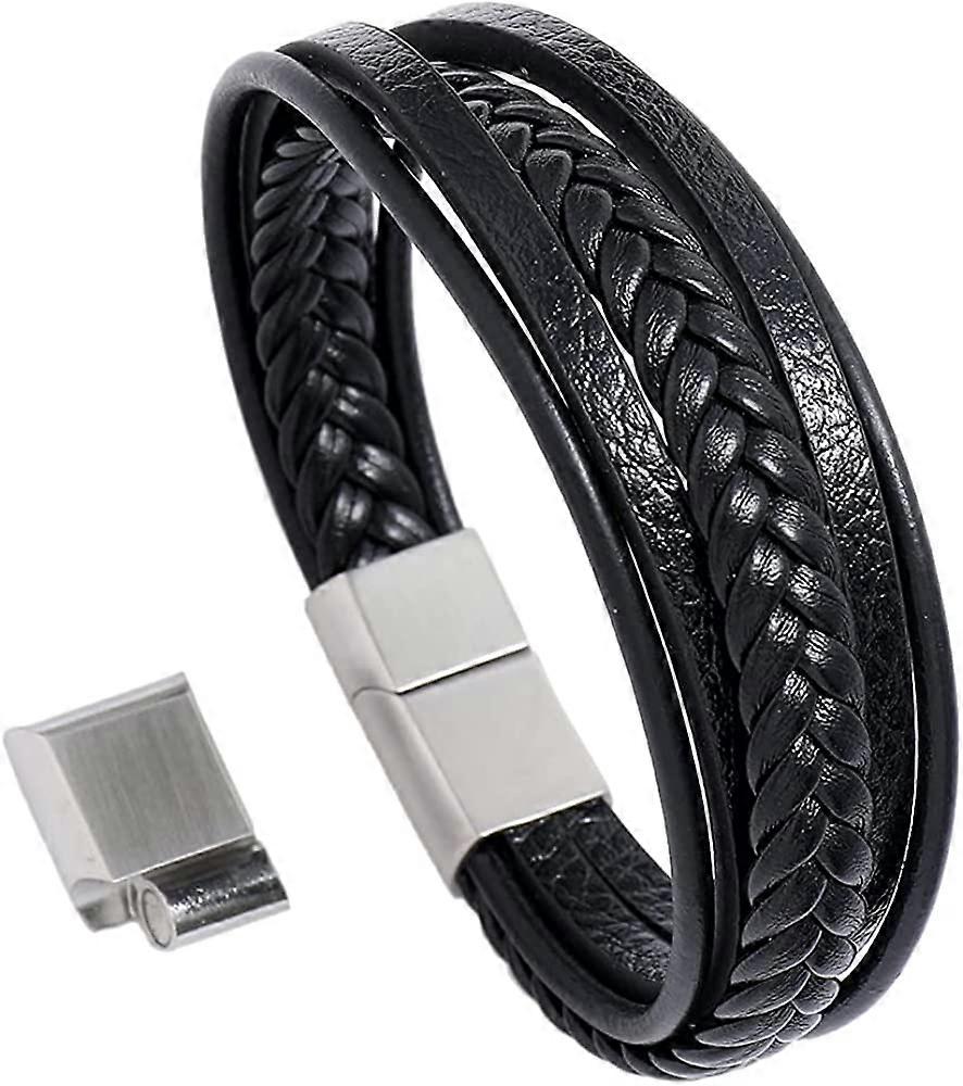 Mens Läder Manschett Armband Justerbart med Magnetlås Kohud Multi-Layer Läder Flätade Pojkar Läder Armband Gåva
