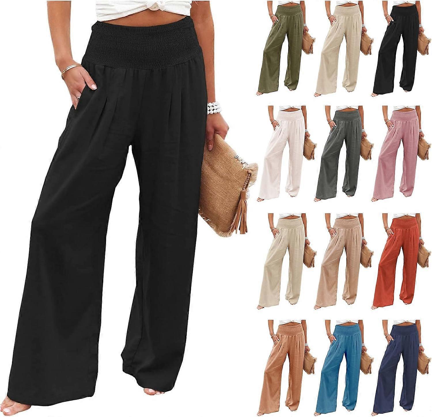 מכנסי פלאצו פשתן לנשים מכנסי חוף רגליים רחבות קיץ מכנסי טרקלין מזדמנים כיסי מותן גבוהים מכנסי עבודה בוהו