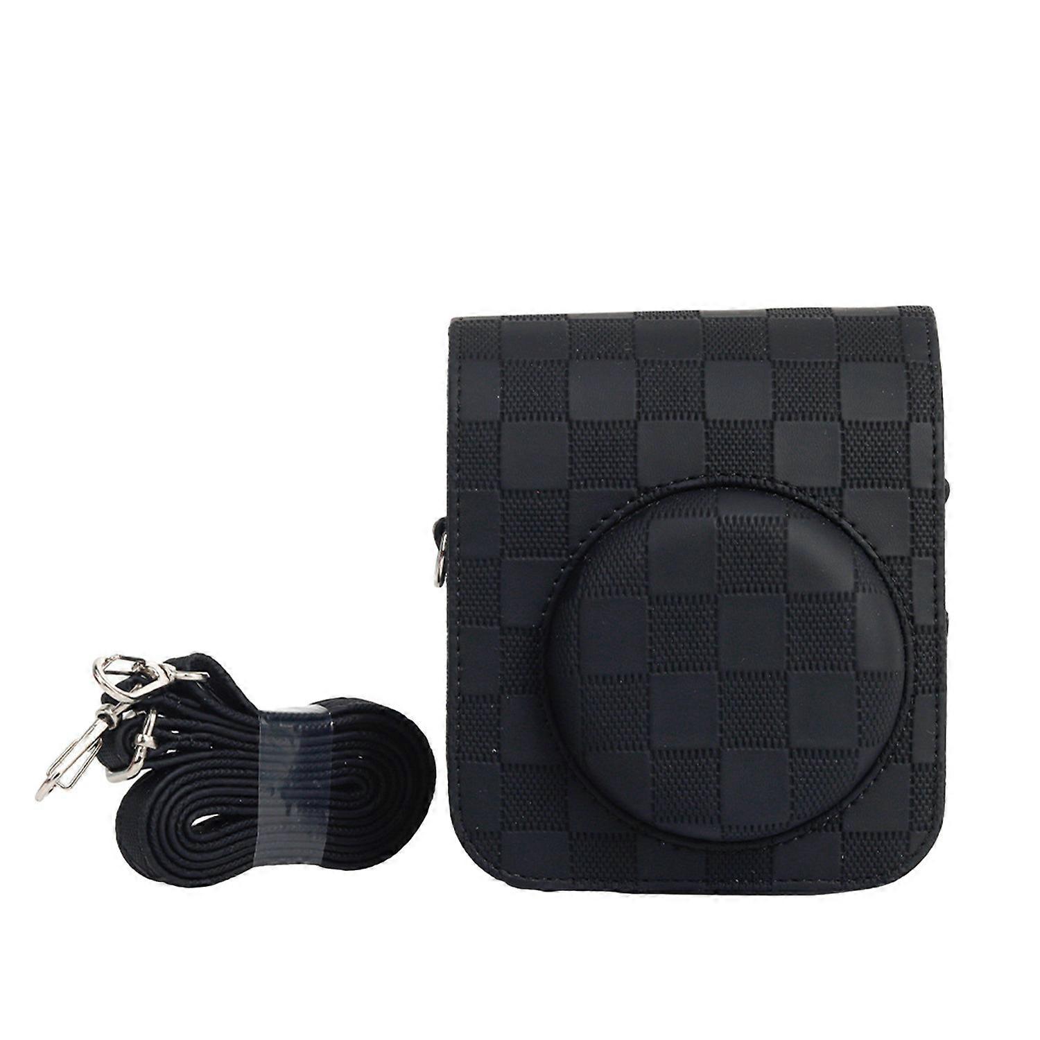 Vintage Camera Bag Checkerboard Design Shockproof Water-resistant with Shoulder Strap Faux Leather