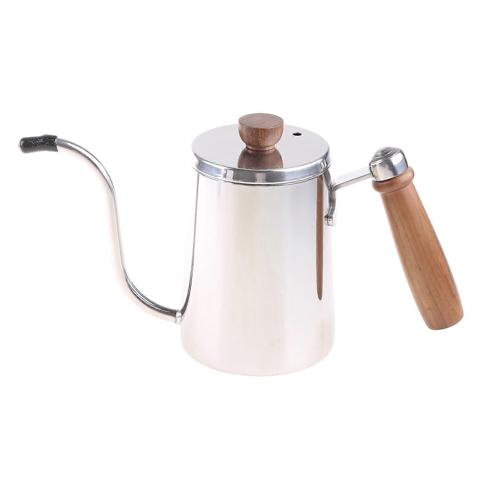 Bouilloire à café en acier inoxydable argenté 300/600 ml, bec verseur long et étroit à col de cygne, théière rétro à bec fin avec poignée en bois pour la maison