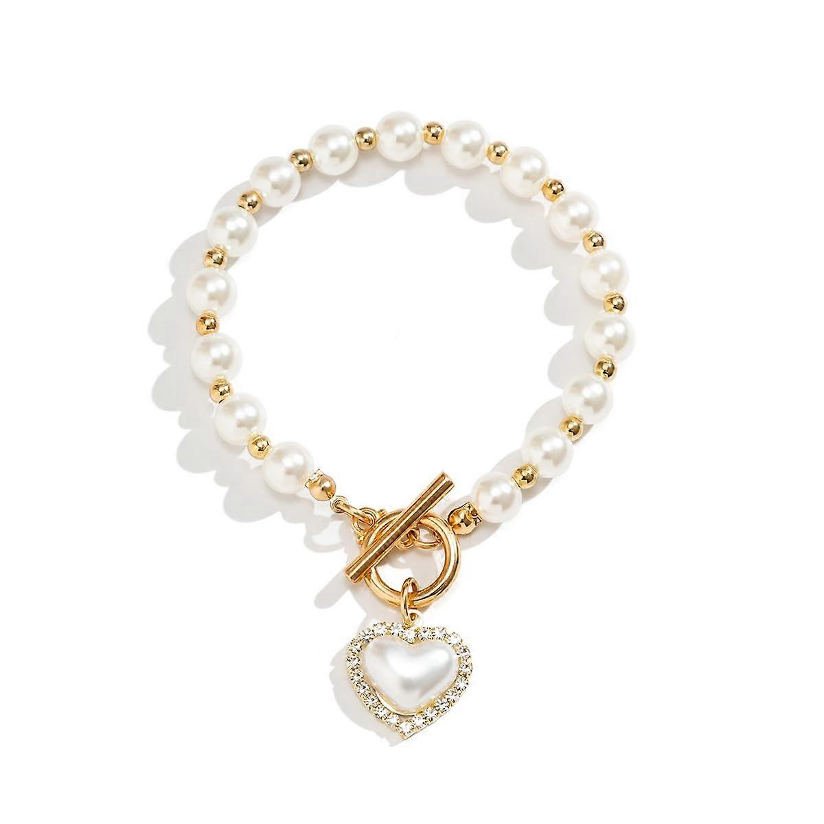14K Gold Plated Faux Pearl Bracelet with Sparkly Rhinestone Heart Pendant, Dainty Paperclip Jewelry for Women