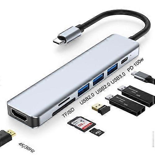 ZRUXE HB-226 7 in 1 HDMI + SD/TF + USB2.0X2 + USB3.0 + PD to Type-C Hub Docking Station