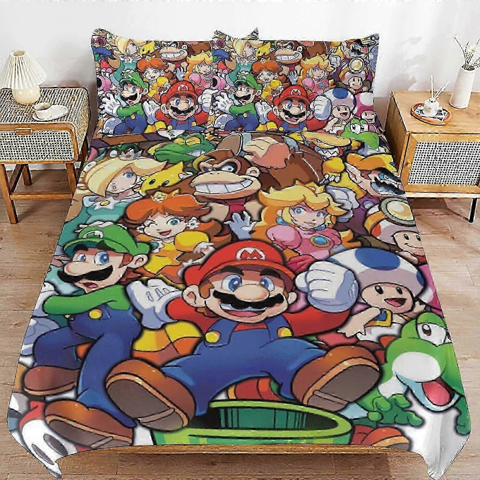 v160 Lençóis Super Mario Conjunto de Edredom de 3 Peças, Conjunto de Capa de Edredom de Microfibra Macia com Fecho de Zíper (1 Capa de Edredom e 2 Fronhas) Lençóis cc