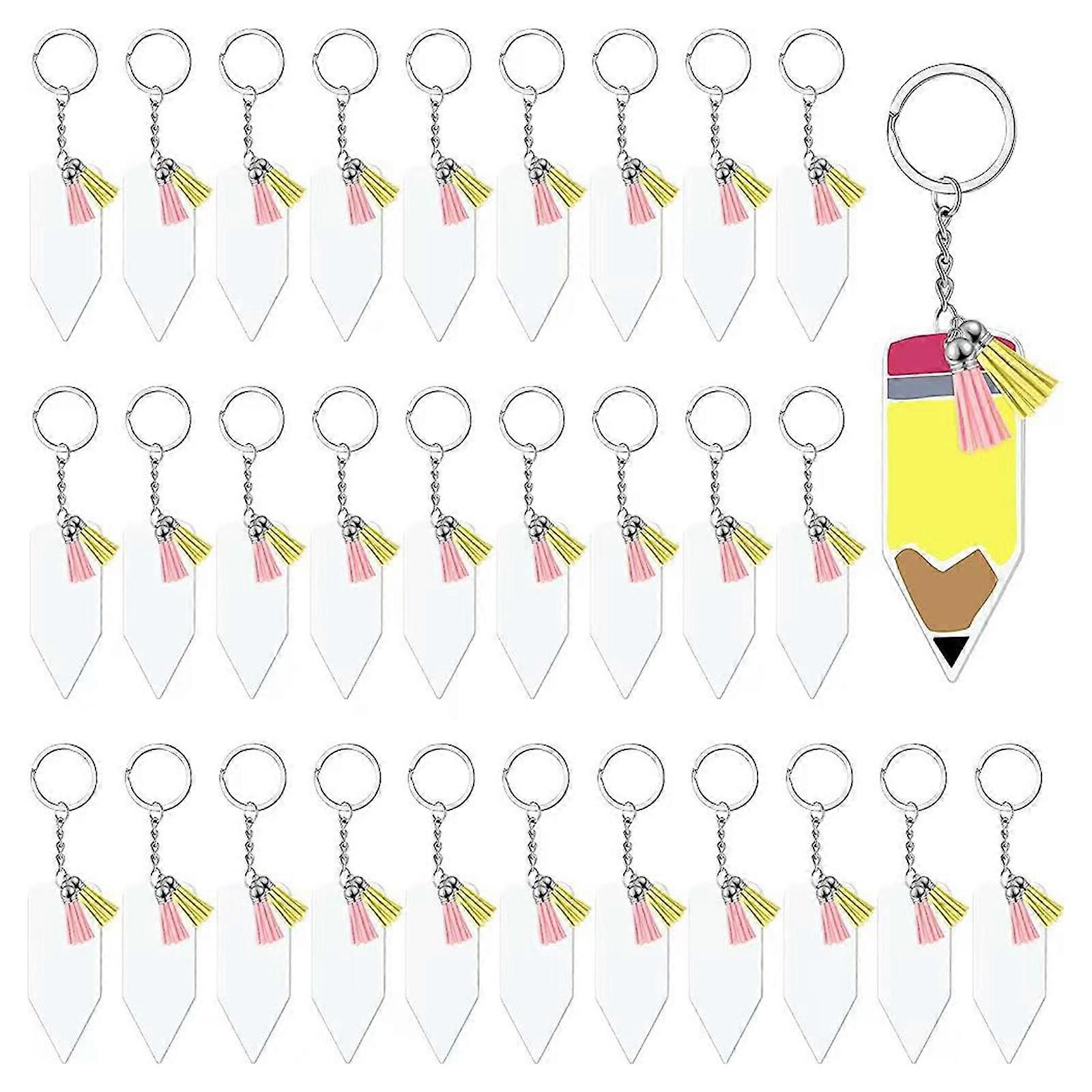 Pencil Keychain Set Diy Handmade Crafts Clear Acrylic Keychain Blanks Leather Tassels Keys Chain Rings for DIY Tags