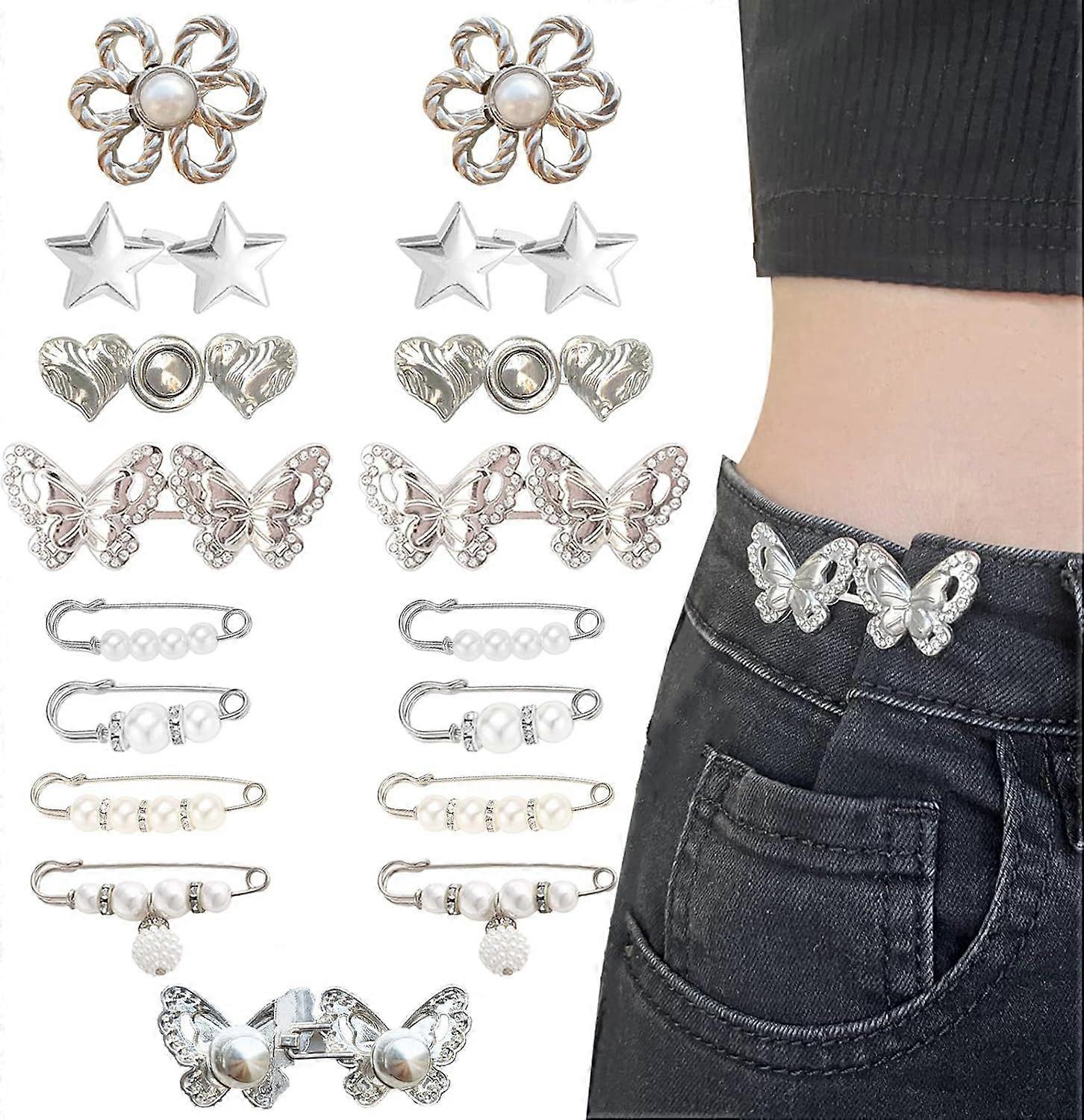16 Set Pant Waist Tightener, Adjustable Butterfly Pins for Loose Jeans, Reusable Waist Adjuster for Pants Women, Silver Metal, Cap, Flat, Dome, Trapez