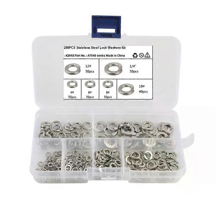 Stainless Steel Split Lock Spring Washer Kit-250 Pieces,6 Sizes,A7648
