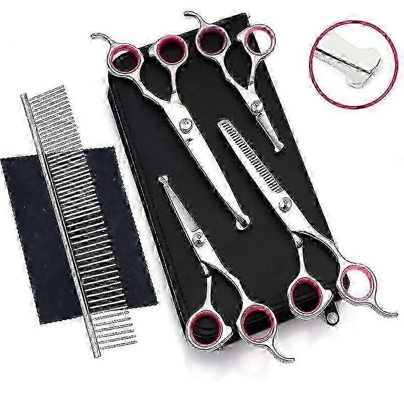 Dog Grooming Scissors Set With Safety Round Tip, Thinning And Straight Pet Grooming Scissors Kit Pink
