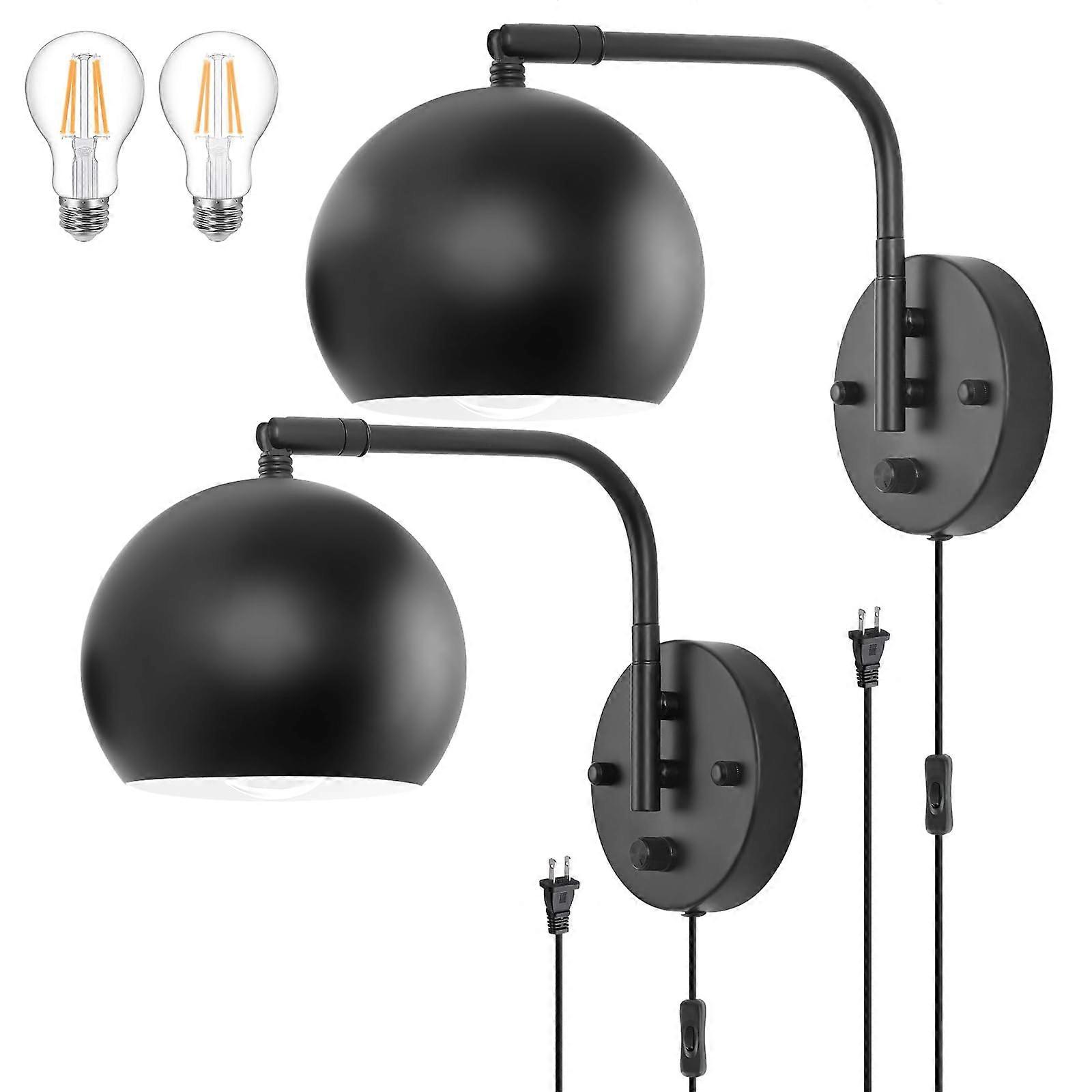 Dimmable Wall Sconces Set of 2, Plug in Wall Sconces Swing Arm Wall Lights with Dimmer Switch, Black