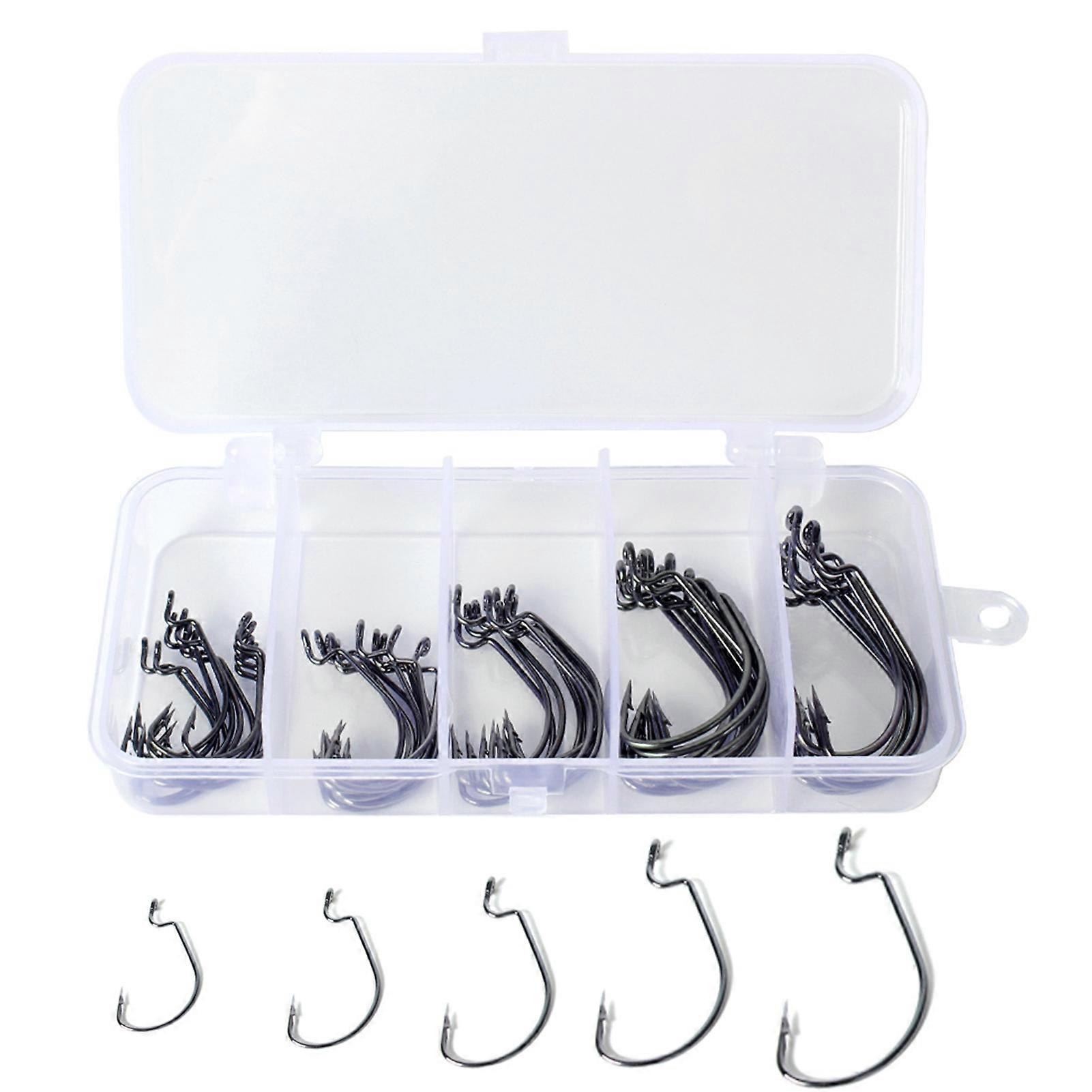 50pcs Fishing Hooks Offset Worm Hooks High Carbon Steel Fish Hooks with Plastic Box