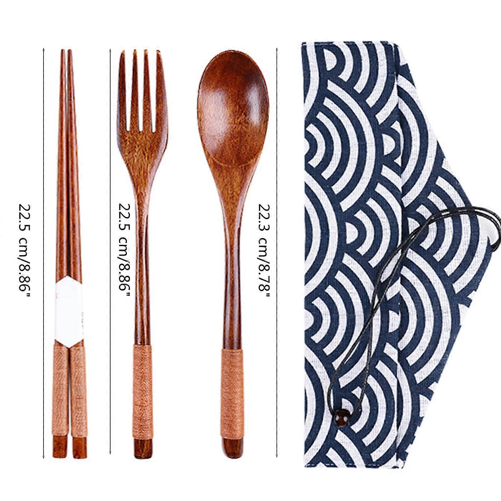 Wooden Chopsticks Spoons Forks Set Japanese Style Tableware Travel Chopsticks Utensils with Pouch for Picnic Office Home