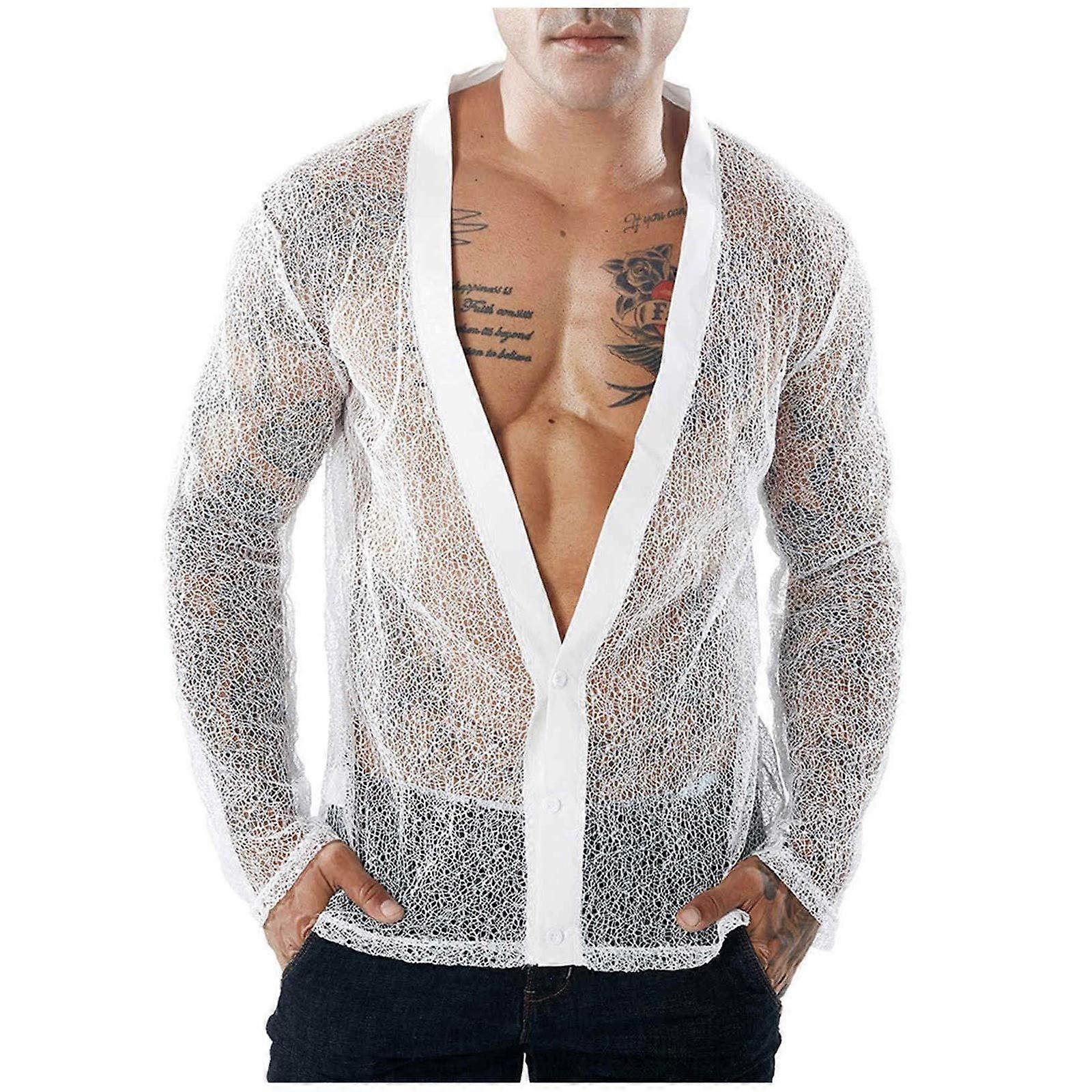 Men's Mesh Shirt Transparent Short Sleeve Elastic Undershirt Fishnet Top Clubwear L Size White 03