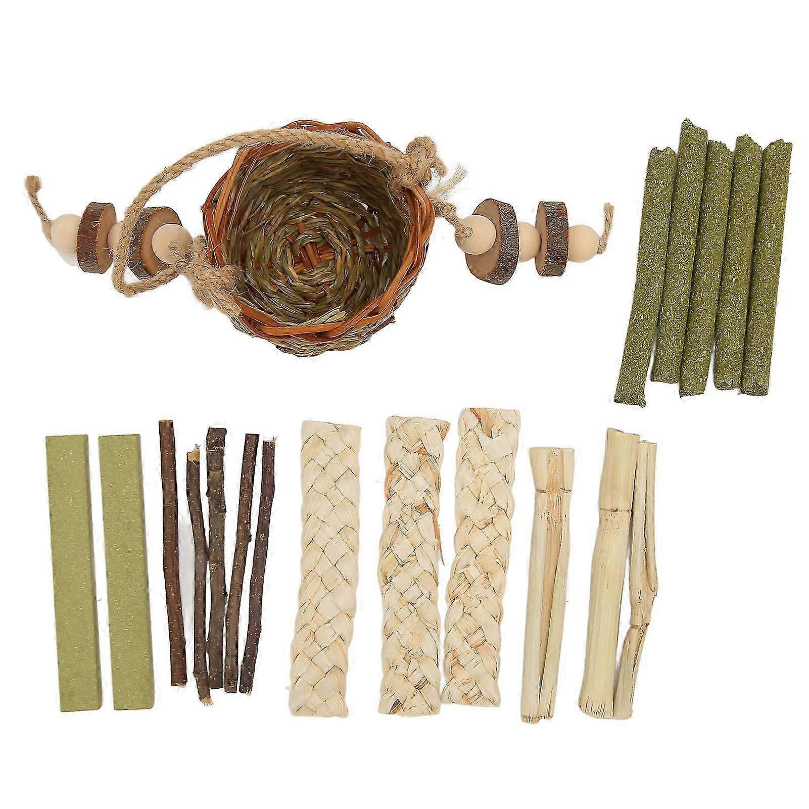 2025 Hamster Chew Toys Hanging Straw Basket Bunny Chew Toys Seagrass Apple Wood Sticks Chew Toys for Small Animals
