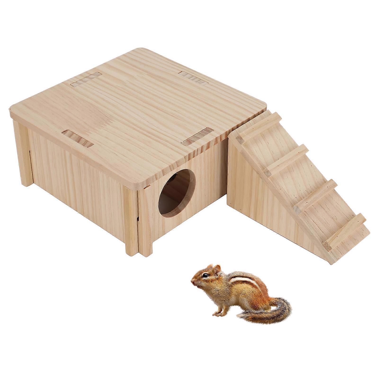 Hamster Wooden Hideout Multipurpose High Density Natural Wooden Hamster House with Ladder 