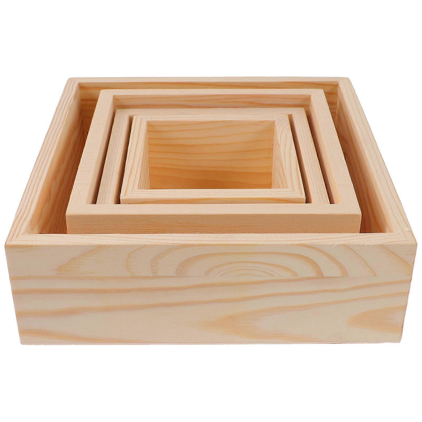 4pcs Unfinished Wooden Boxes Rustic Square DIY Craft Storage Organizer