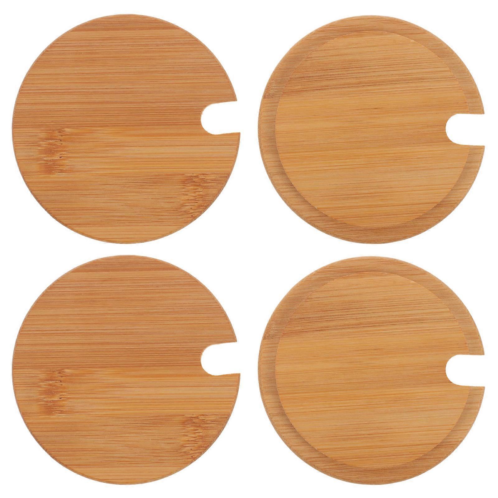 Bamboo Cover with Hole for Easy Use and Spill Prevention Brown 4pcs