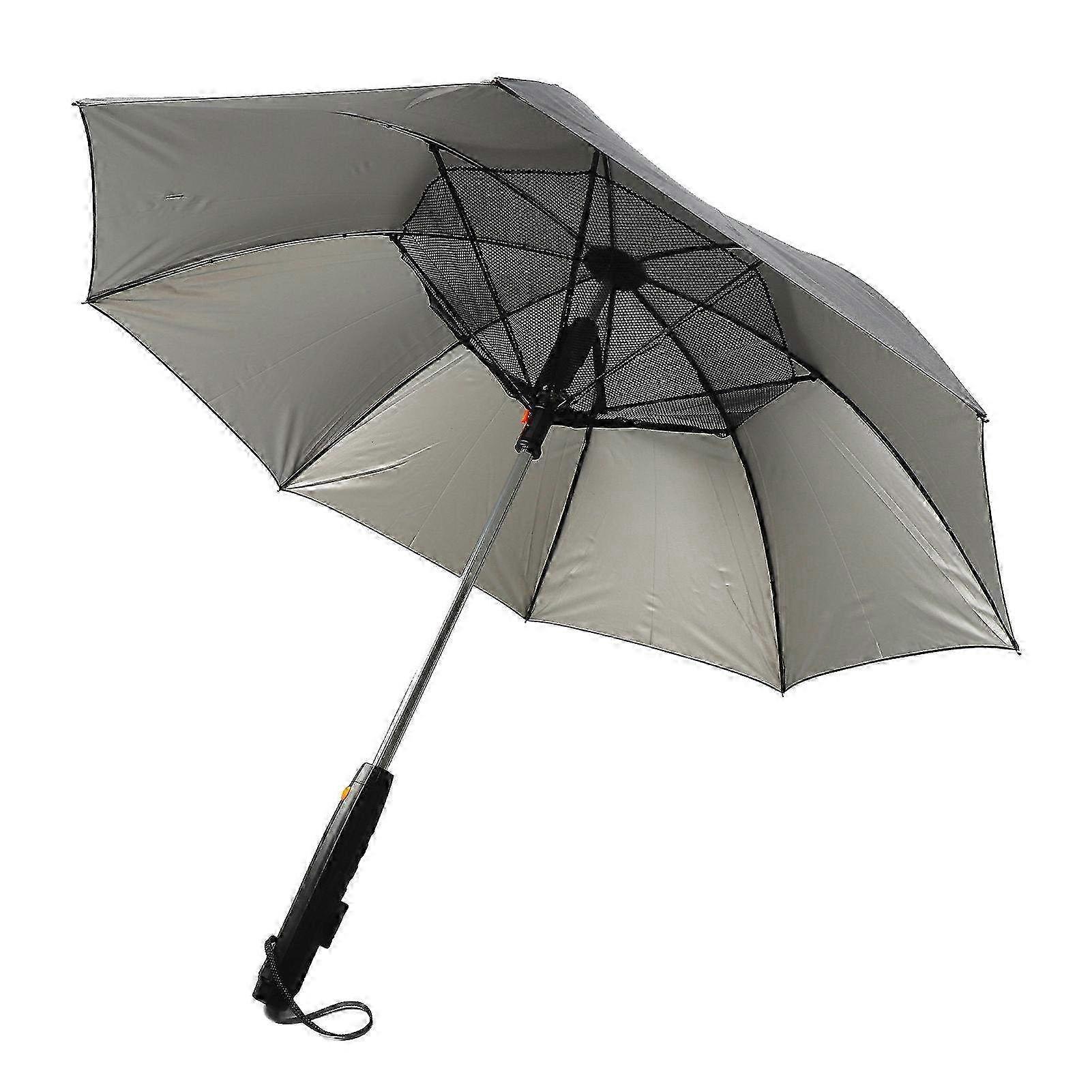 Ombrellone portatile 3 in 1 con ventilatore e spruzzatore - Ombrello da esterno con blocco UV per l'estate - Design argento a 8 costole