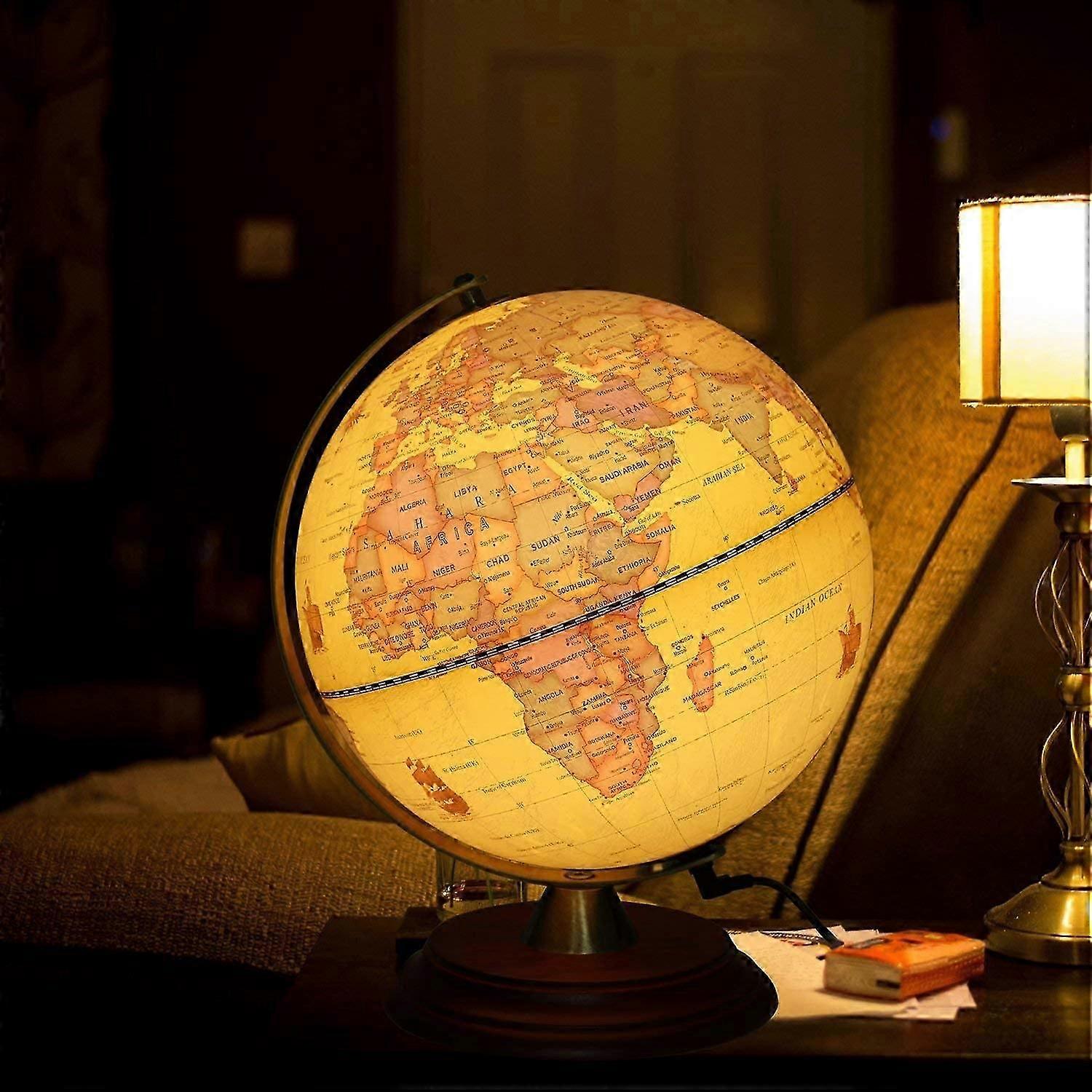 Illuminated World Globe for Kids with Wooden Stand,Built in LED for Illuminated Night View Antique Globe