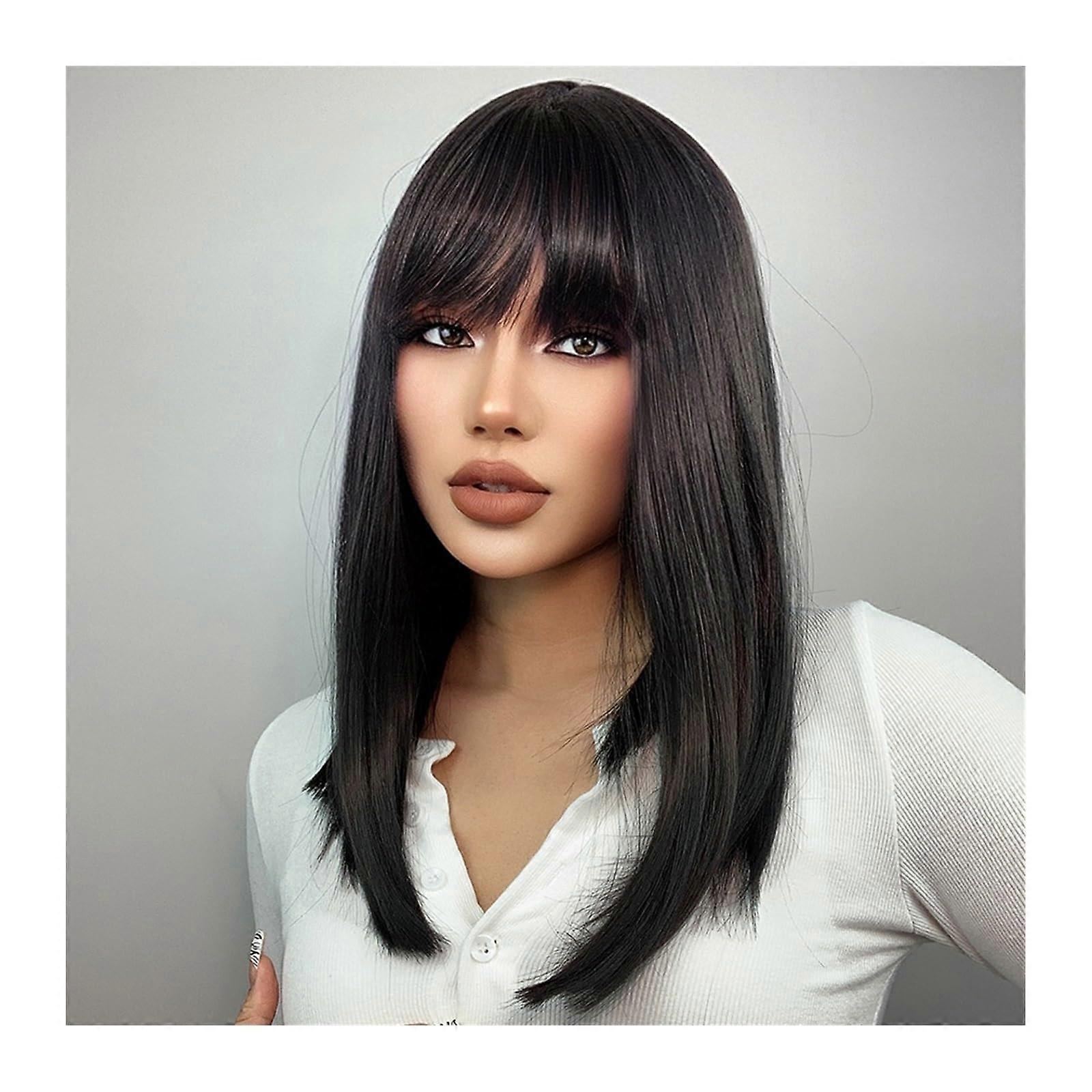 Wigs for Women Natural Black Medium Straight Bob Synthetic Wig With Bangs Heat Resistant Fibre Cosplay Lolita Party Wig
