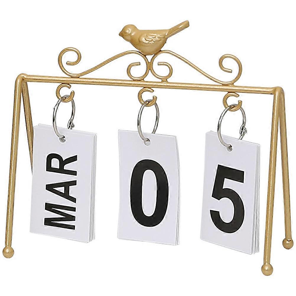 Tabletop Calendar Ornament Perpetual Desk Calendar Bird Shape Home Classroom Office Golden Iron Material Show Date and Month 1Pack