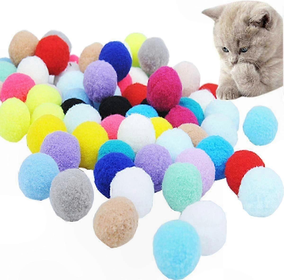 70 Pack Cat Toy Balls Foam Fuzzy Multi-Colored Kitten Play Training Activity Chew Pompom Bounce Fun Safe Interactive Pet Accessories