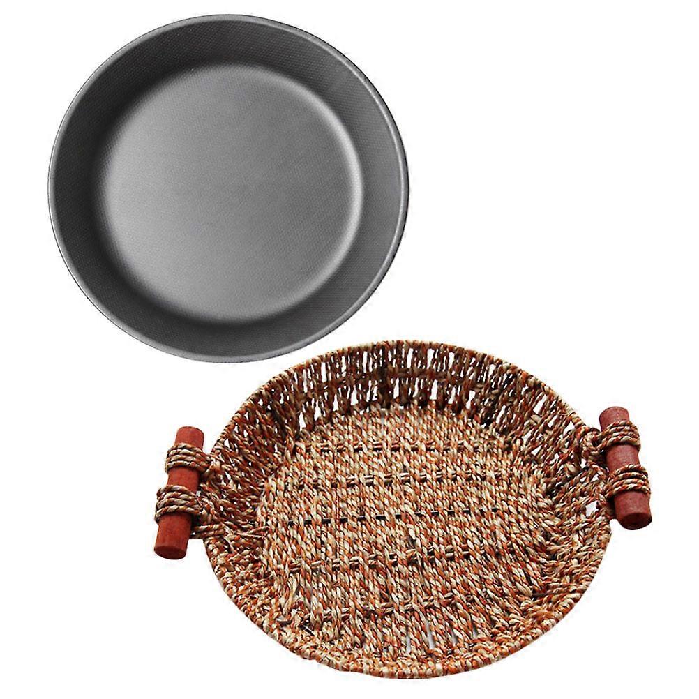Kitchen Round Steak Plate Iron Steak Plate for Serving 2Sets with Basket