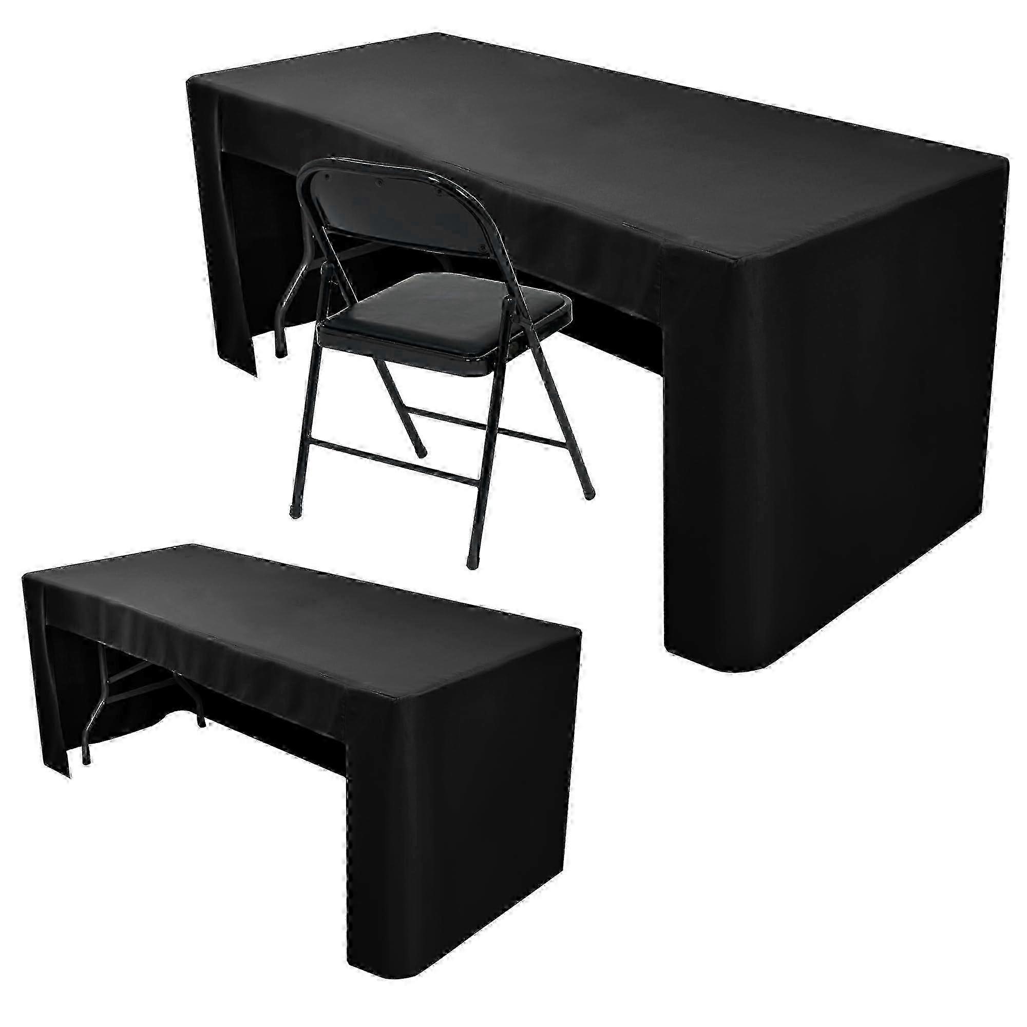 2 sets of black tablecovers with 2 sets of 4-foot folding tables for versatile use