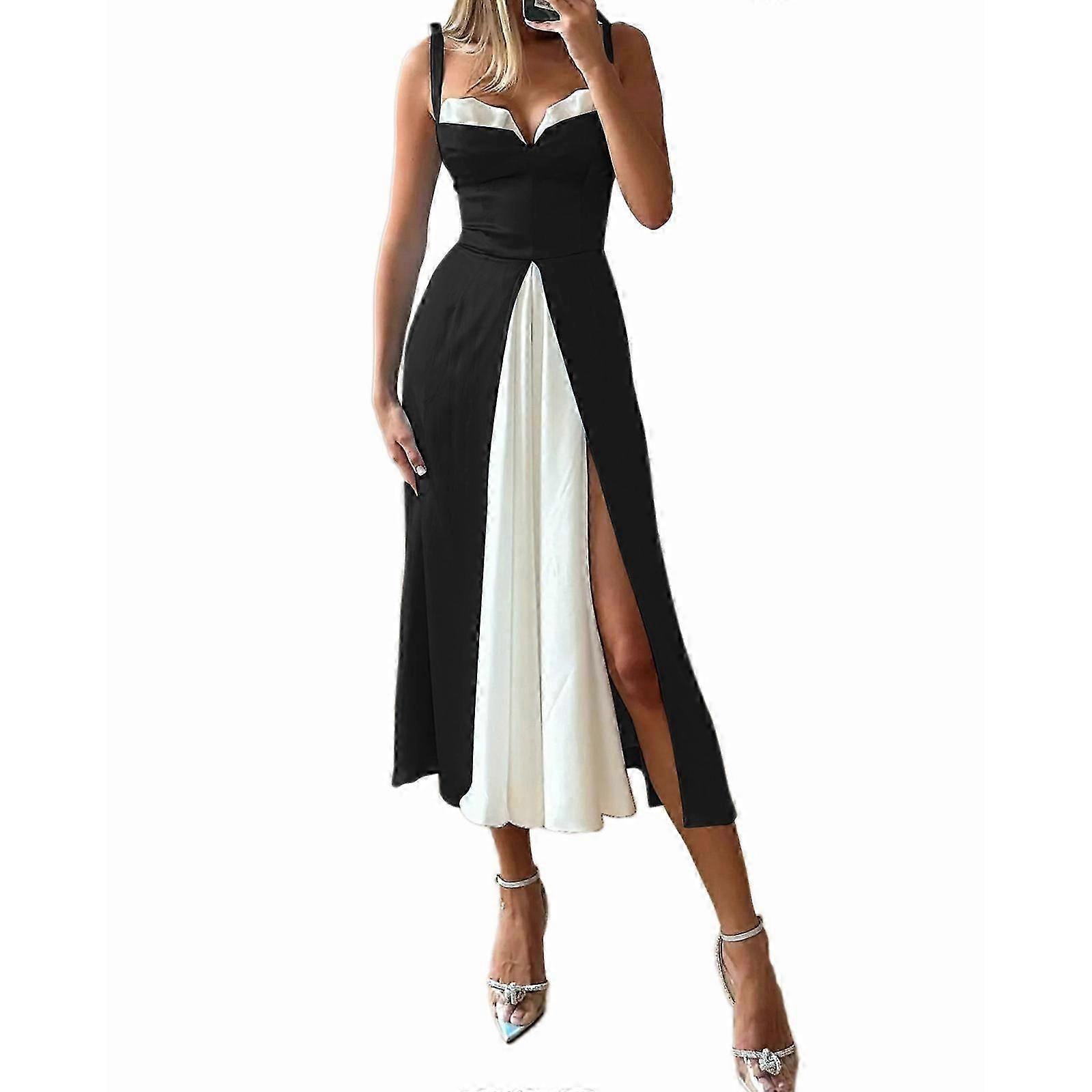 Womens Spaghetti Straps Split Hem Sleeveless A-line Midi Dress Color Block  High Waist Summer Dress for Party Sky Blue XL