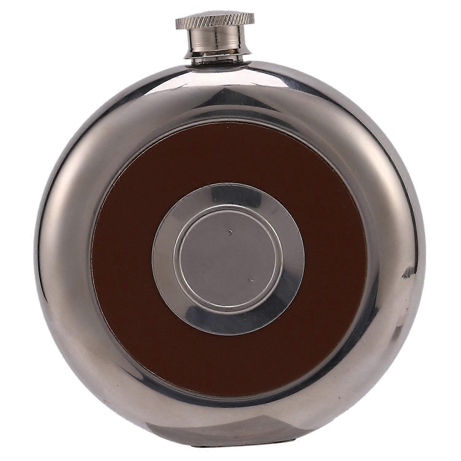 Round Stainless Steel Pocket Flask With Build-In 5Oz Hip Flask Brown