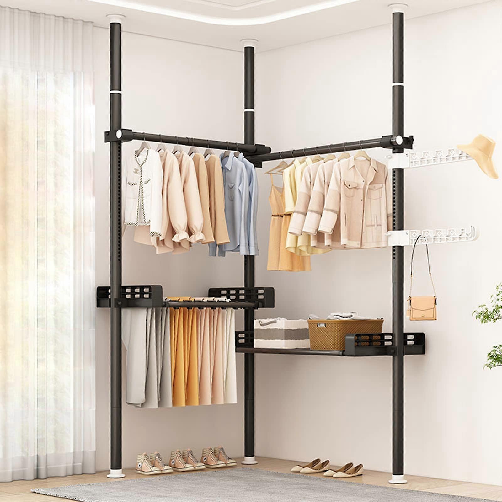 Height Adjustable Clothes Rail Black Telescopic Wardrobe Organiser Tray And Pant Rack 3 Poles 2 Bars 1 Tray 1 Trouser