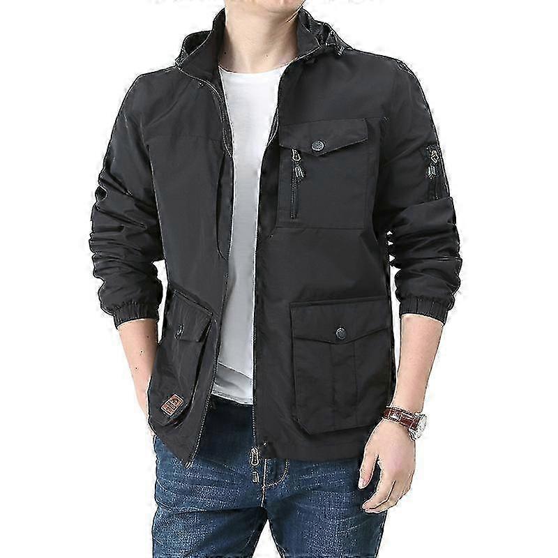 Detachable hood jacket for men in loose fit and multi-pocket design