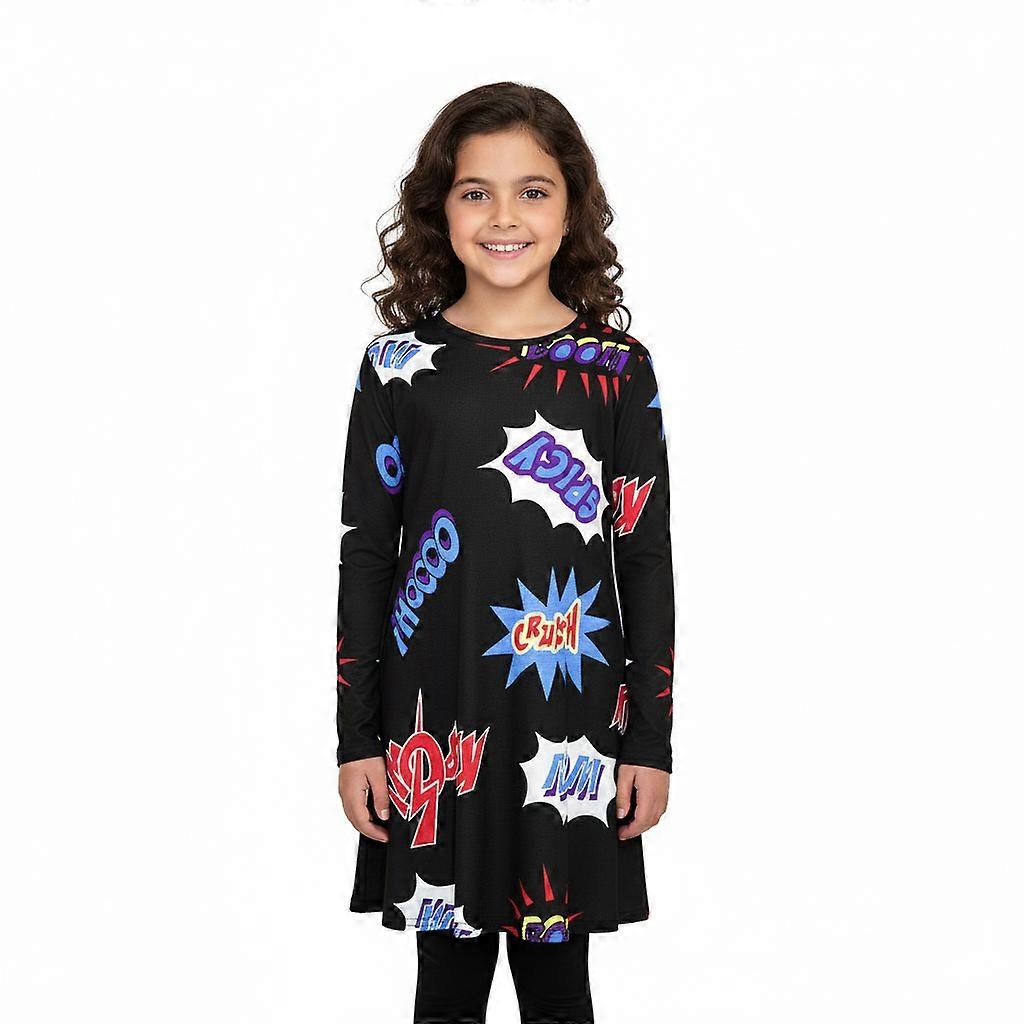 女孩素色辣色印花秋千连衣裙