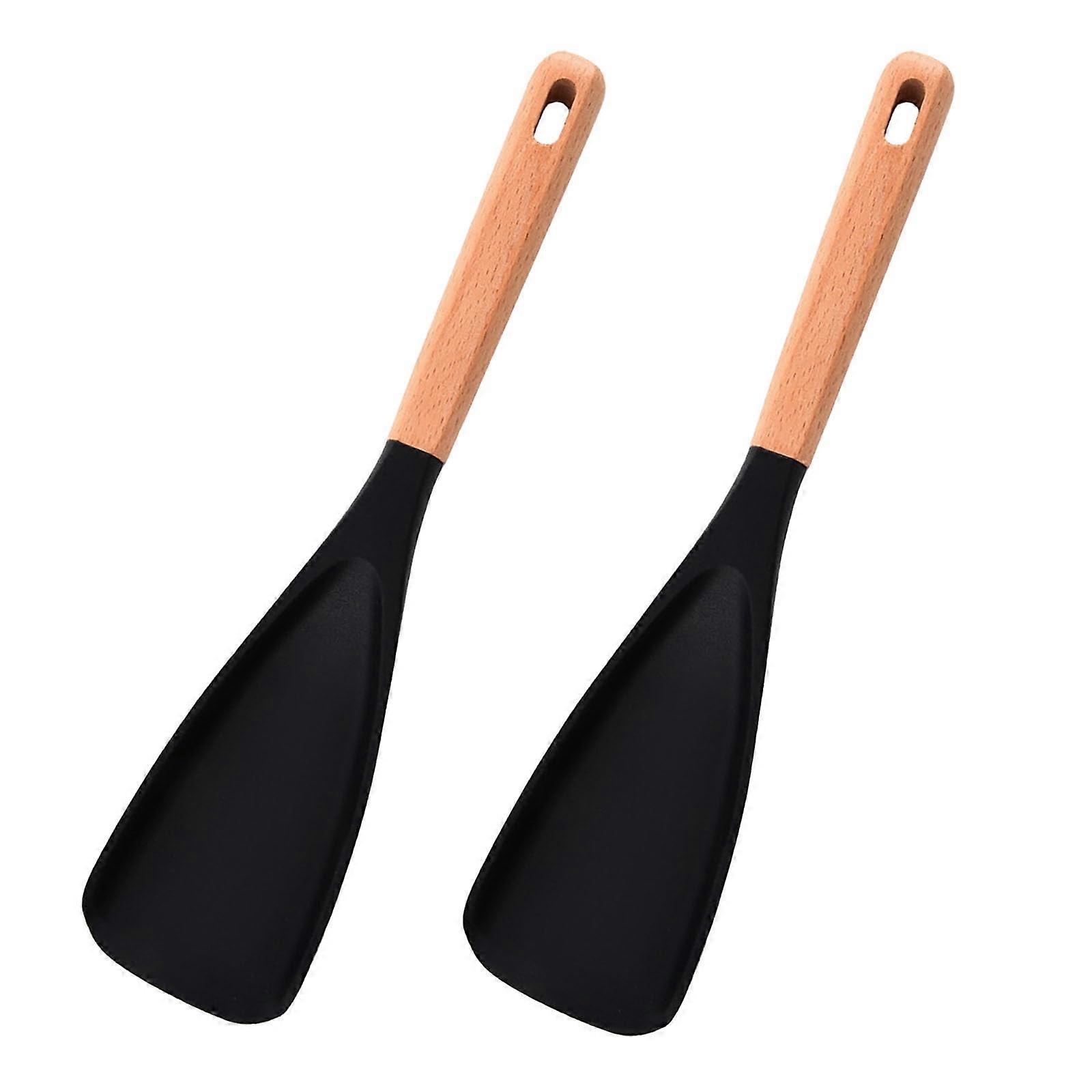 Silicone Cooking Spoon Set Heat Resistant 446°F with Wooden Handle for Mixing and Serving Black 2pcs