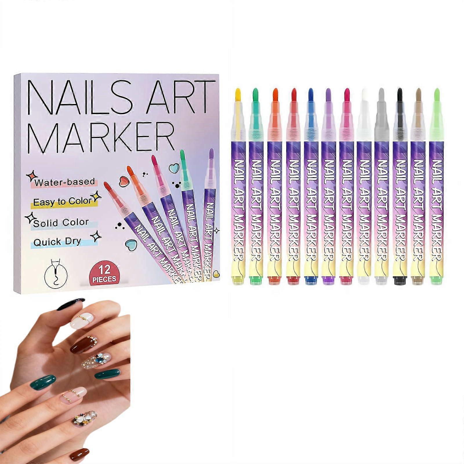 12 Color Nail Art Pen Set with Fine Tip, Quick Dry Waterproof Ink, Vibrant LongLasting Colors